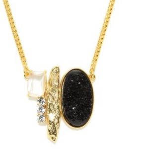 Black druzy, hammered gold, and crystal necklace